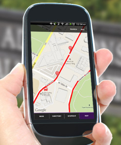 App screen of map with shuttle bus location on route in real time.